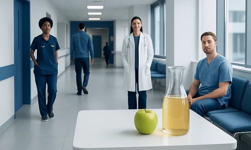 Healthcare professionals in a hospital corridor with a healthy apple and juice on a table.