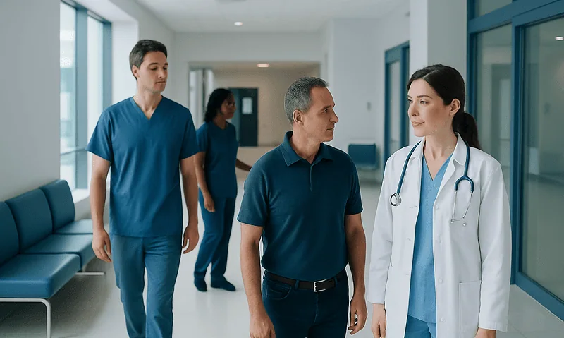 Medical team discussing patient care in hospital corridor.