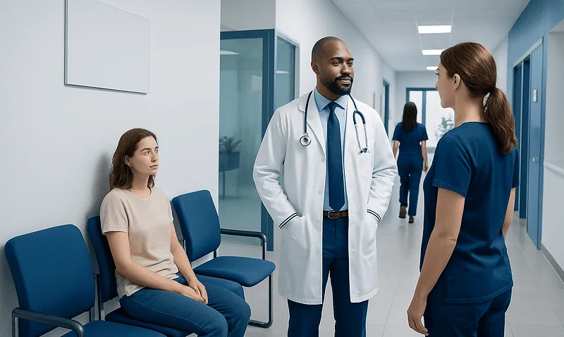 Doctor consulting with a young female patient in hospital corridor.