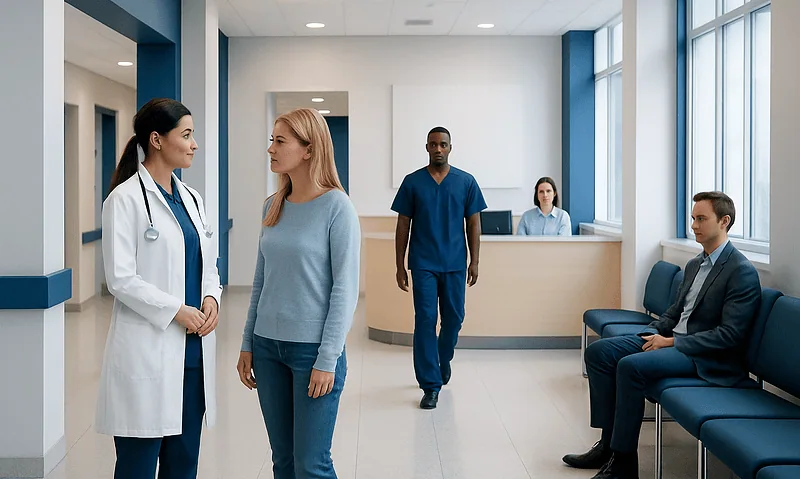 Medical consultation in a hospital waiting area with healthcare professionals and patients.