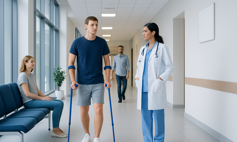 Young man with crutches talking to a female doctor in hospital corridor.