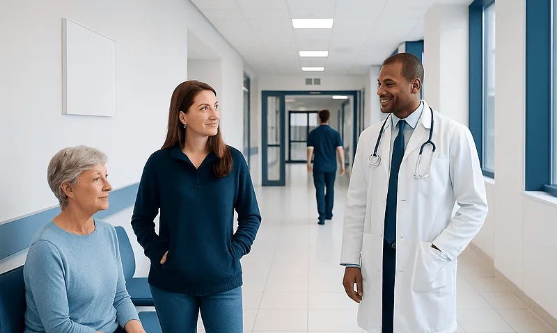 Doctor talking to two female patients in a hospital corridor.