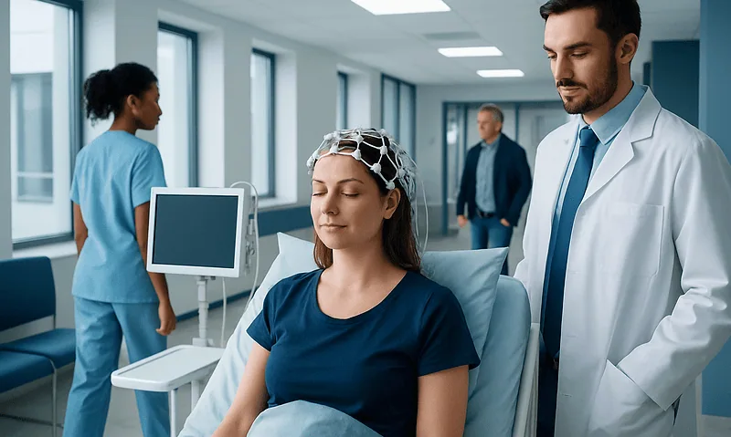 Patient undergoing EEG test in a hospital setting with medical staff present.