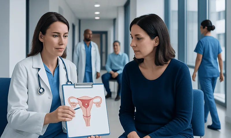 Gynecologist explains uterine health to patient in hospital corridor.