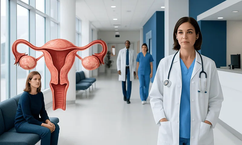 Medical team and a digital illustration of female reproductive system in hospital.