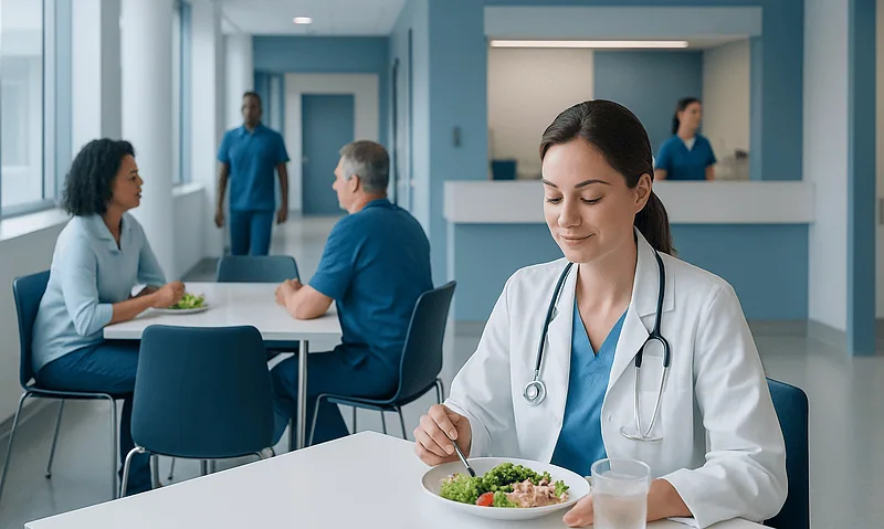 Healthcare professional enjoying a healthy meal in a hospital cafeteria.