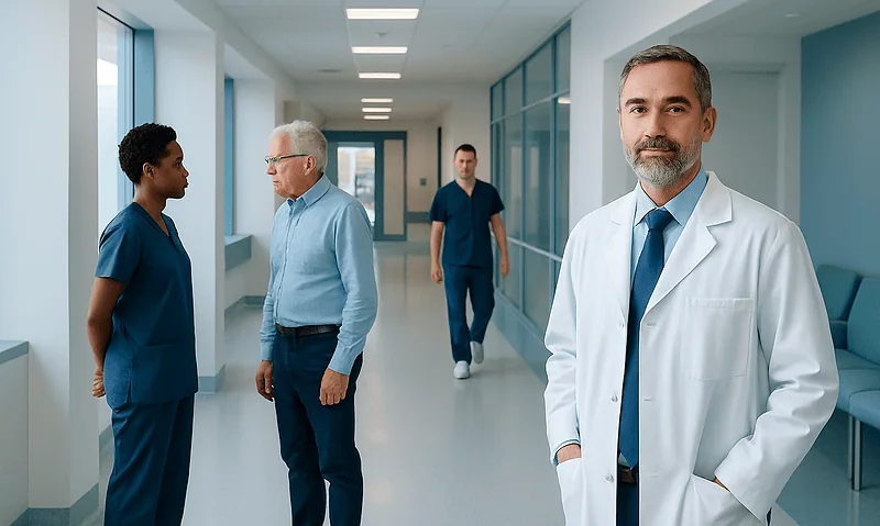 Doctors and nurse in hospital corridor discussing patient care.