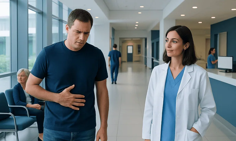 Man experiencing stomach pain in hospital corridor with healthcare professional.