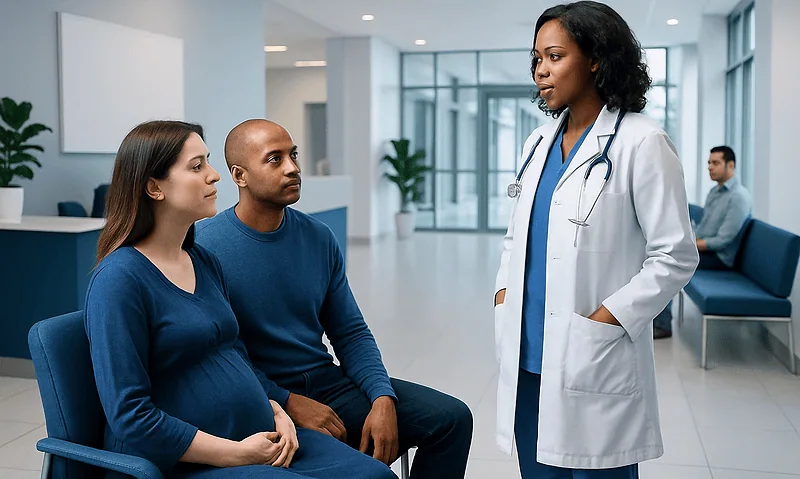 Doctor consulting pregnant woman and partner in hospital waiting area.