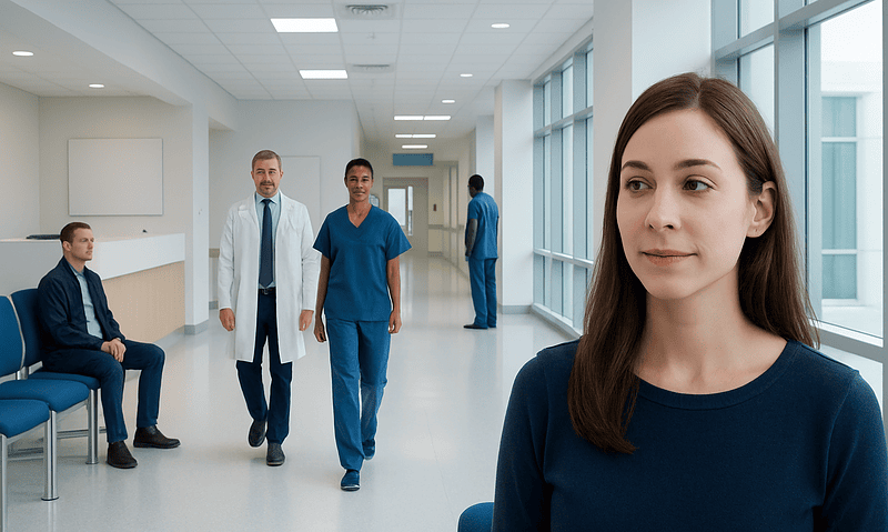 Young woman in hospital corridor with medical staff in background.
