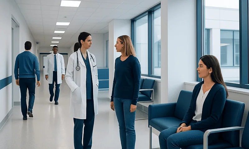 Medical consultation in a modern hospital corridor with healthcare professionals and patients.