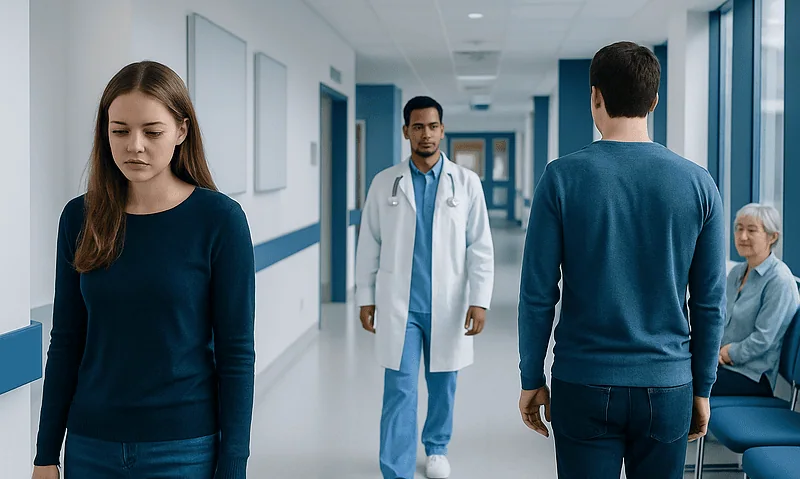 Young woman waiting in hospital corridor with doctor and patient nearby.