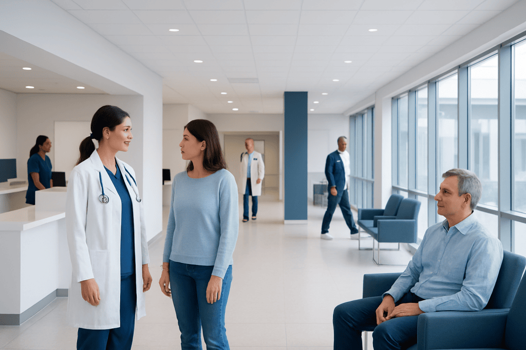Inflammation Diet: Evidence-Based Benefits, Risks, and Practical Guidance 1 Healthcare professionals and patient in a modern hospital lobby.