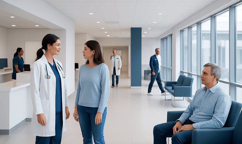 Healthcare professionals and patient in a modern hospital lobby.