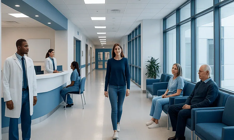 Hospital waiting area with patients and staff in a modern medical facility.