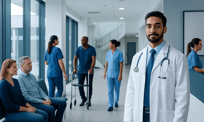 Medical team and patients in a hospital corridor with a doctor in the foreground.