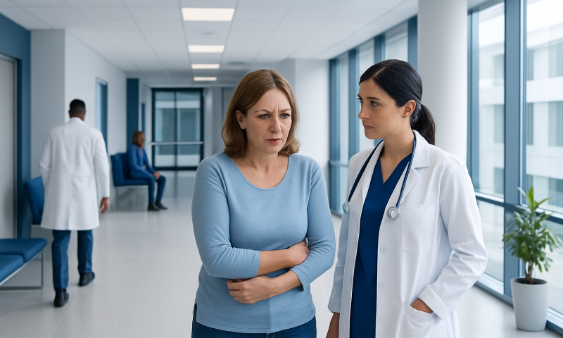 Patient consulting with doctor in hospital corridor.