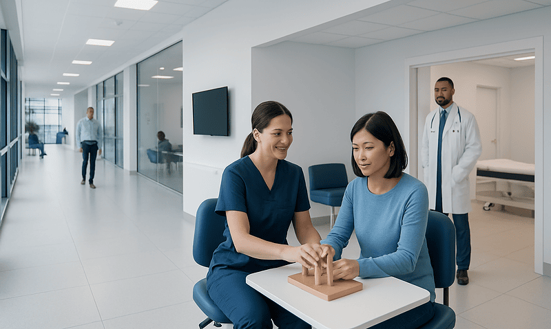 Occupational therapist assisting a patient with hand therapy in a hospital setting.