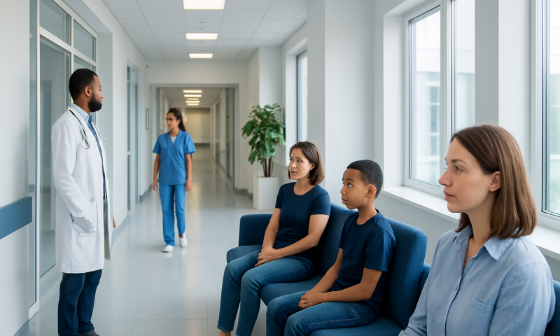 Doctor consulting with a family in a hospital corridor.