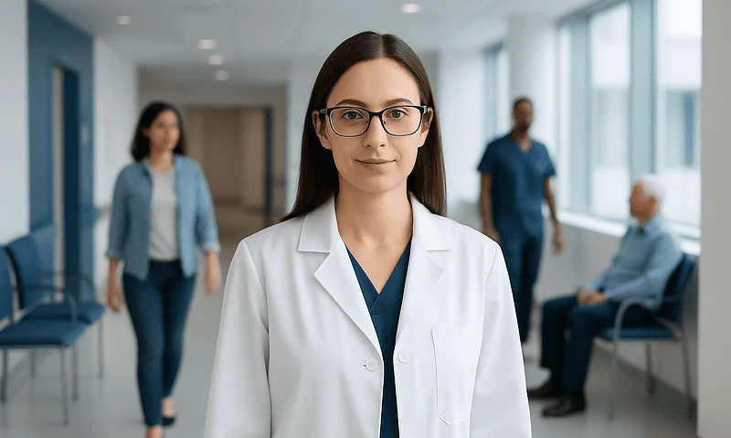 Female doctor with glasses in hospital corridor with patients and staff.
