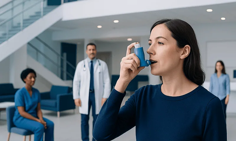 Woman using inhaler in hospital setting with medical staff in background.
