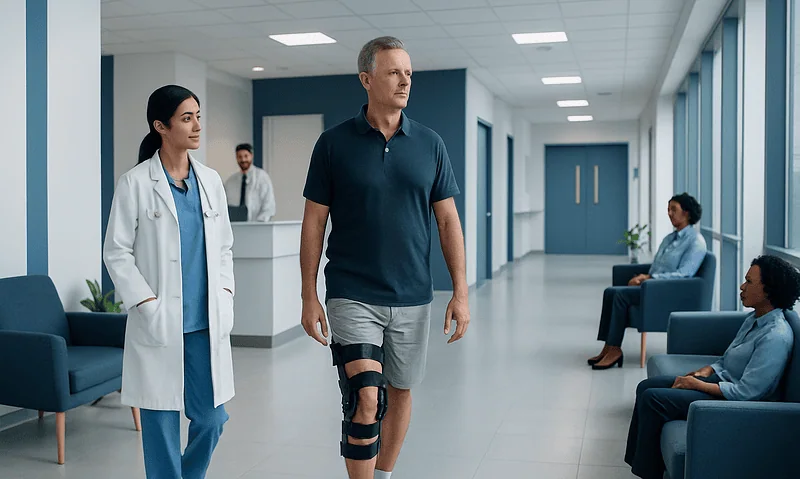 Patient with knee brace walking in hospital corridor with medical staff nearby.
