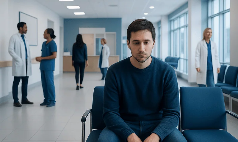 Young man waiting alone in a hospital corridor with medical staff in the background.