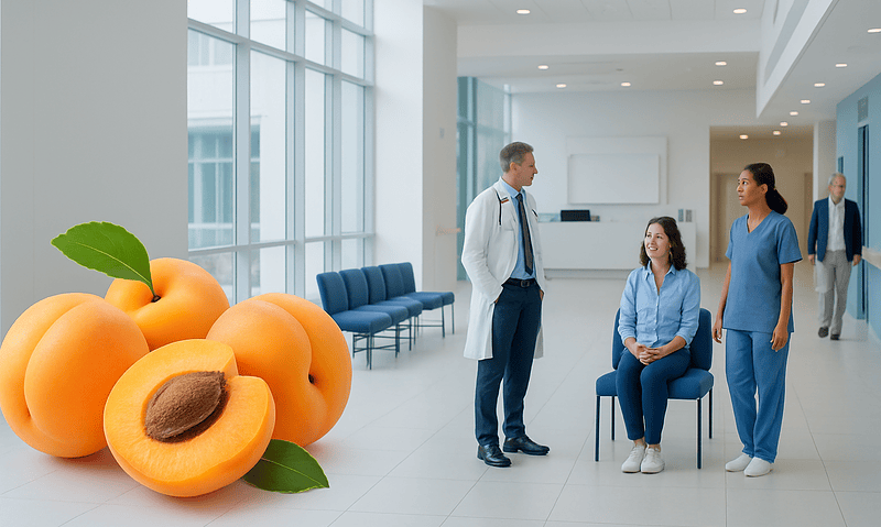 Medical consultation in a modern hospital lobby with apricots in the foreground.