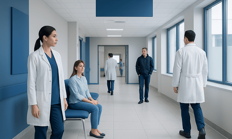 Medical team in hospital corridor with patients and doctors.