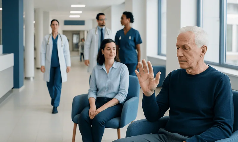 Elderly man showing hand tremor in hospital waiting area with medical staff nearby.