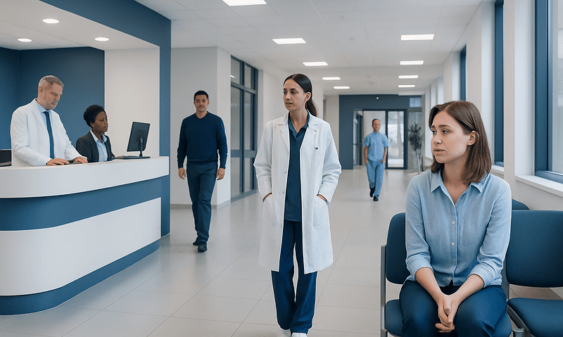 Medical professionals and patients in a modern hospital corridor.