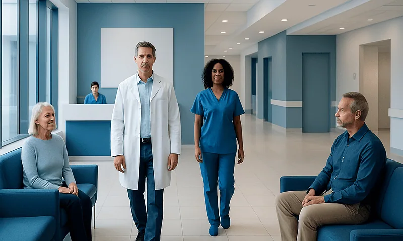 Medical consultation in a modern hospital waiting area with patients and healthcare professionals.