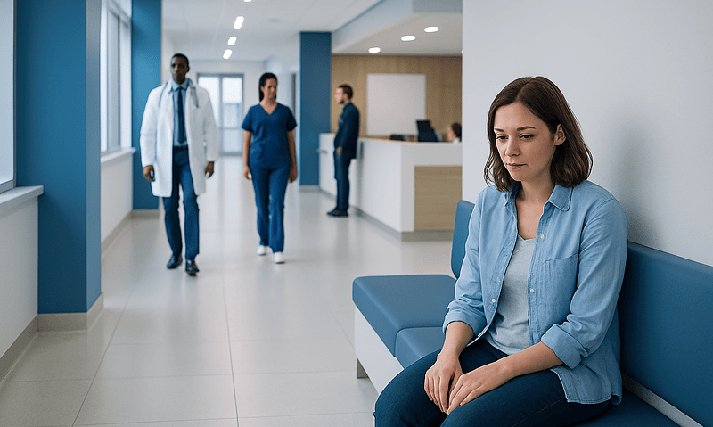 Young woman waiting alone in hospital corridor with medical staff in background.