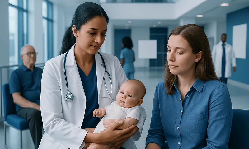 Pediatrician examining a baby in a hospital setting with mother present.