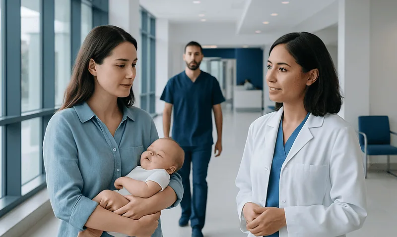 Mother holding a baby in a hospital corridor with medical staff nearby.