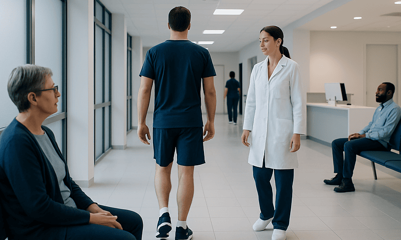 Patient walking in hospital corridor during a medical consultation.