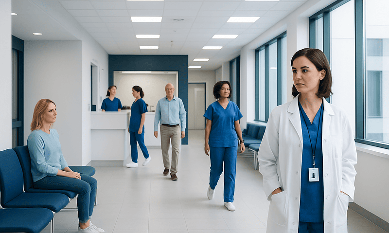 Medical staff and patient in a modern hospital corridor.