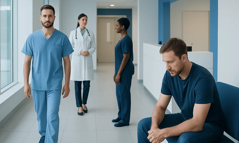 Medical professionals and patient in hospital corridor, healthcare setting.