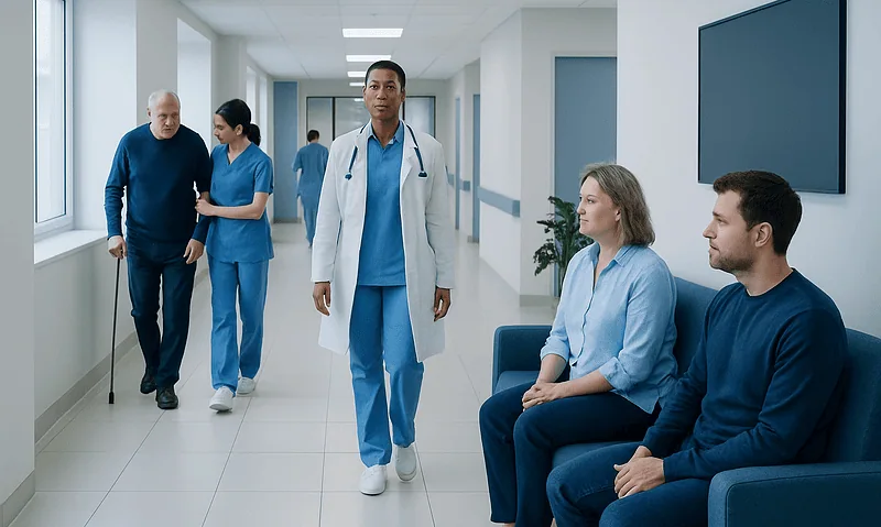 Healthcare professionals and patients in a hospital corridor.