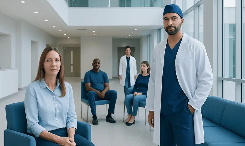 Medical team in hospital lobby with doctor and patients.