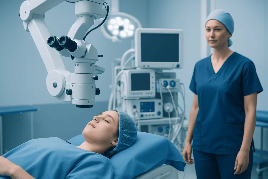 Surgeon preparing for a procedure in a modern operating room.