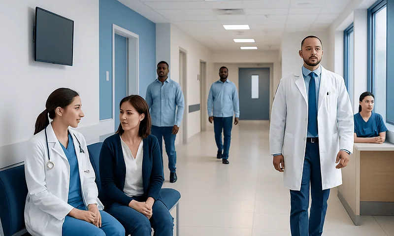 Medical team waiting in hospital corridor at Acibadem Hospitals Group.