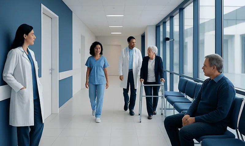 Medical staff assisting elderly patient in hospital corridor at Acibadem Hospitals.
