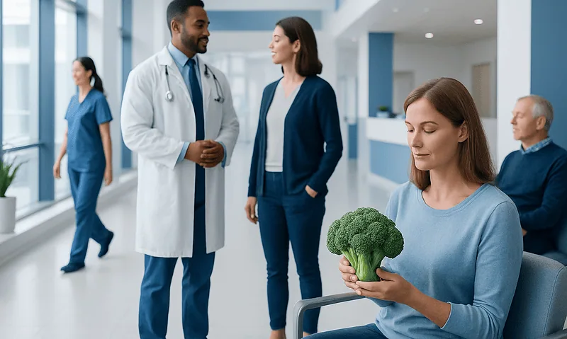 Doctor and nurse consulting with patient holding broccoli in hospital corridor.