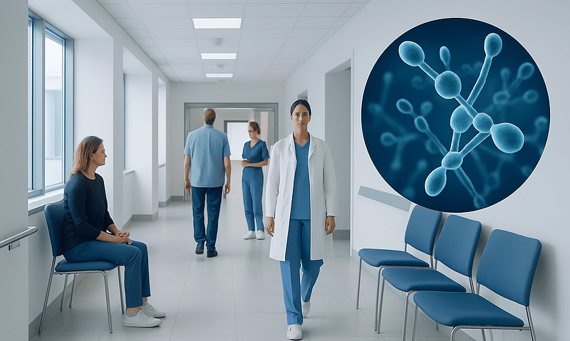 Medical professionals and patient in a hospital corridor with a molecular biology graphic.