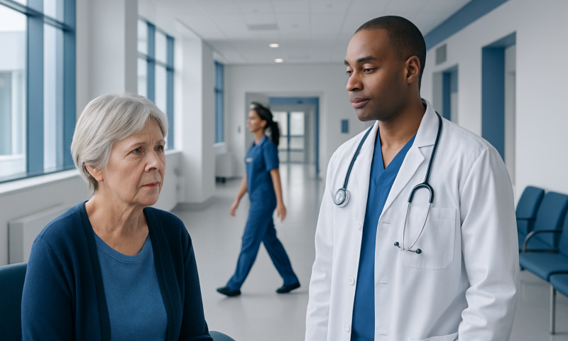 Doctor consulting elderly woman in hospital corridor at Acibadem Hospitals.