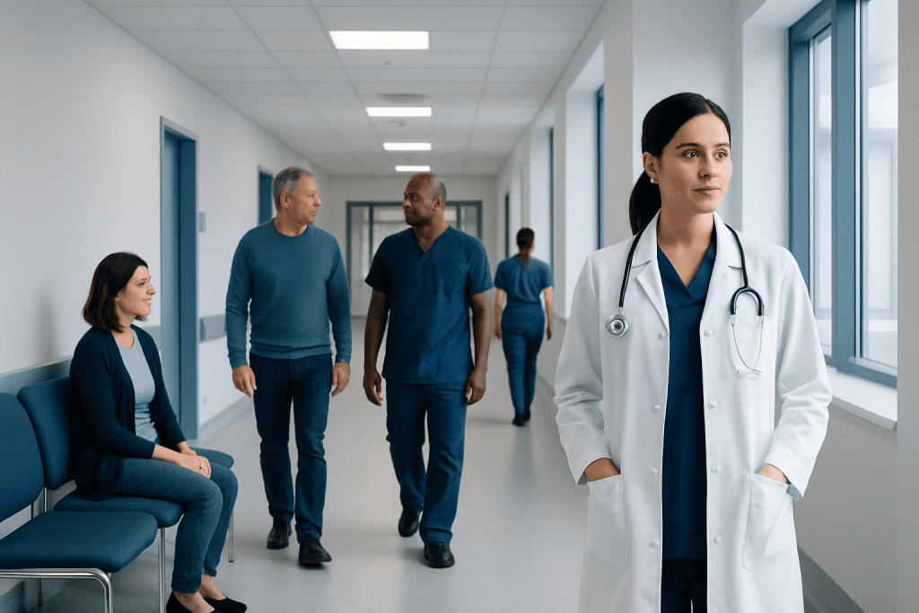 Cats Claw: An Evidence-Based Guide for Patients 1 Healthcare professionals and a patient in a hospital corridor.