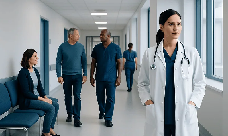 Cats Claw: An Evidence-Based Guide for Patients 4 Healthcare professionals and a patient in a hospital corridor.