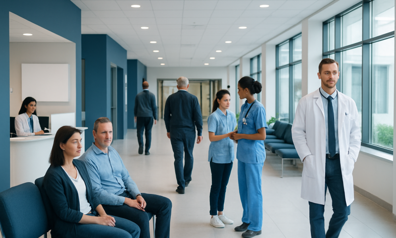 Medical staff and patients in a modern hospital corridor at Acibadem Hospitals Group.