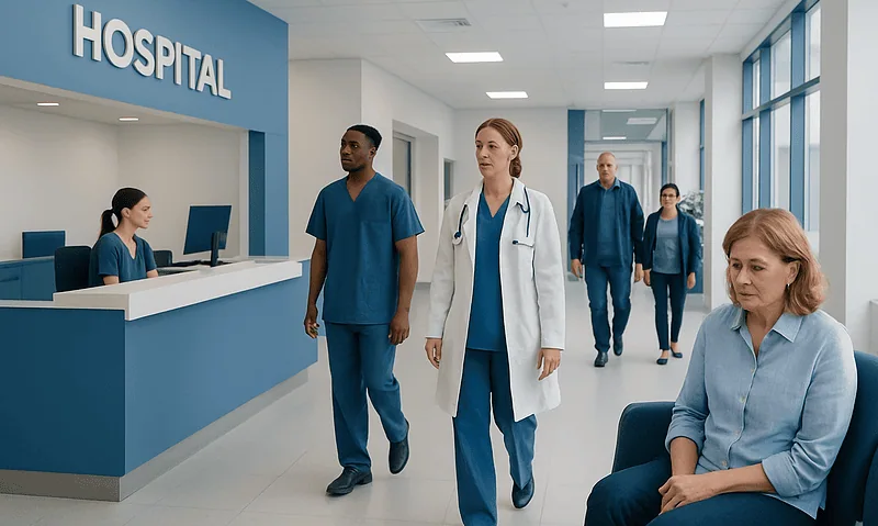 Hospital corridor with medical staff and patient at reception desk.